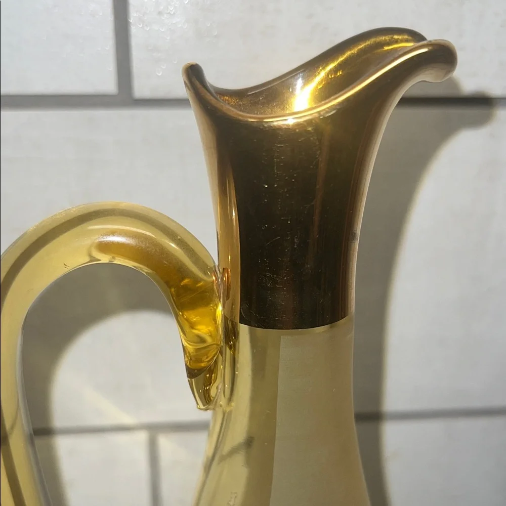Vtg Stretch Art Glass MCM Amber Liquor Wine Decanter Gold Gilt Trim Bohemian 16